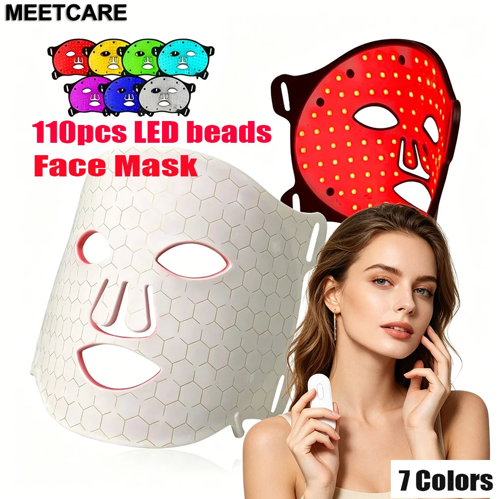 7Colors LED Face Mask with 110pcs Lamp Beads Photon Red Light Therapy Repair Skin Beauty Wireless Flexible Facial Masks
