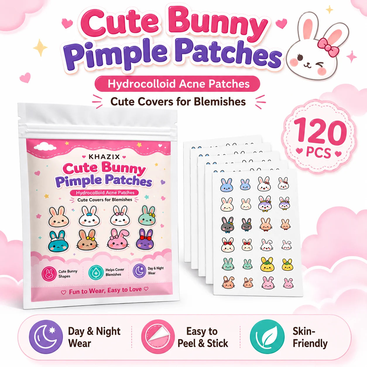 120pcs Cartoon acne patch, cute cat-shaped facial concealer acne patch, safe, non-toxic, gentle and non-irritating